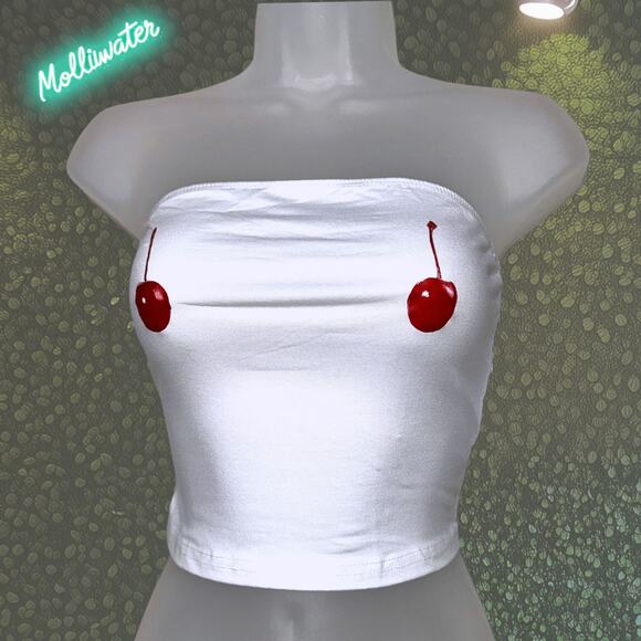 NWT Small Red Cherry White Strapless Tube Top Stretchy Sleeveless‎ Crop Y2k 90s - Picture 1 of 3